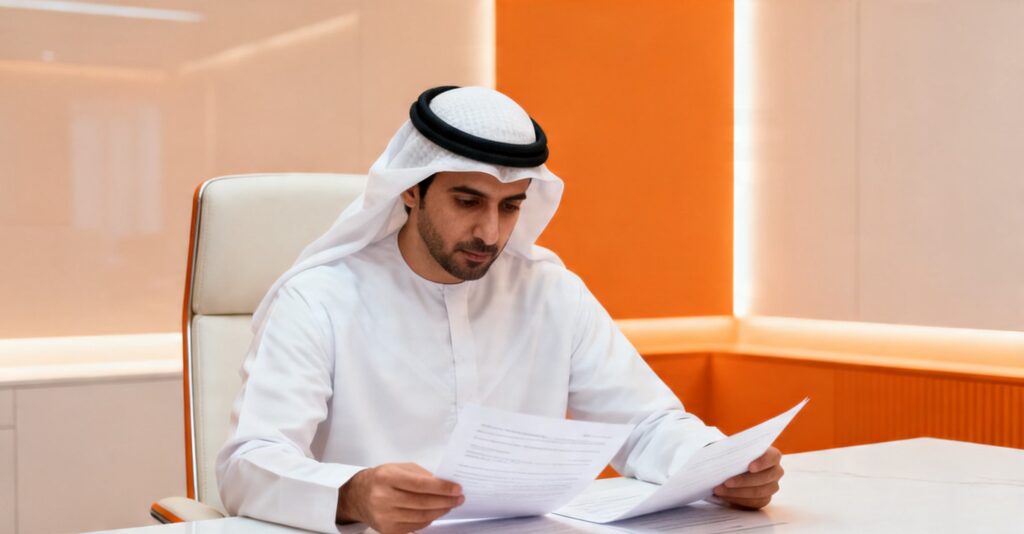 Corporate lawyers reviewing a joint venture shareholders agreement under UAE commercial law in a Dubai boardroom.