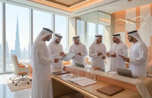 Business professional reviewing UAE data protection compliance documents in an office setting.