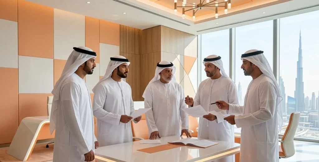 Professional business setting up an industrial manufacturing plant in UAE.
