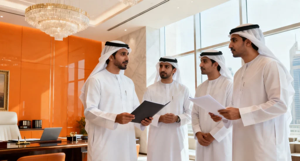 A modern retail storefront in Dubai illustrating compliance checkmarks for UAE Consumer Protection Law and Commercial Licensing.
