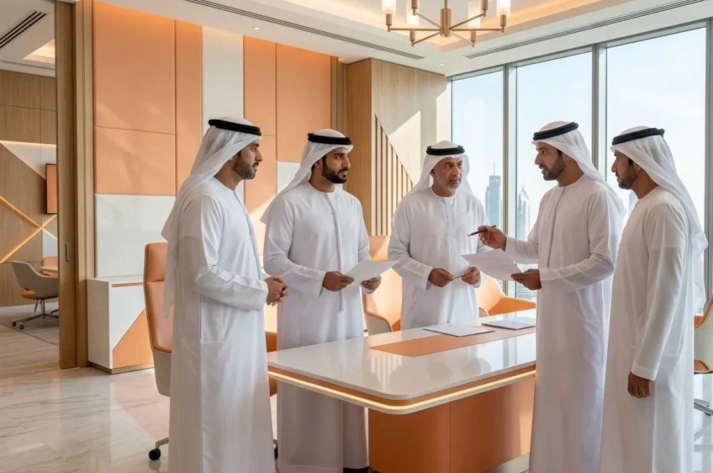 A professional meeting with legal documents about UAE commercial law and company formation.
